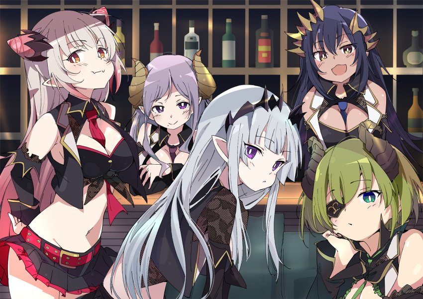 1girl, 5girls, bangs, bar, between_breasts, black_hair, black_skirt, blue_neckwear