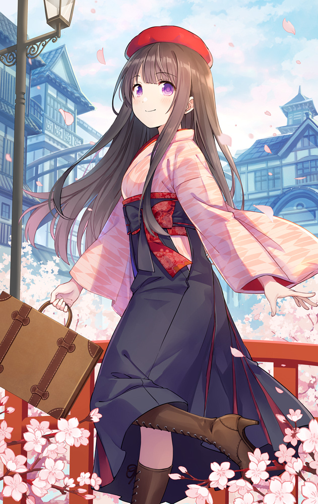 1girl, bangs, beret, black_hakama, blue_sky, blush, boots, brown_footwear