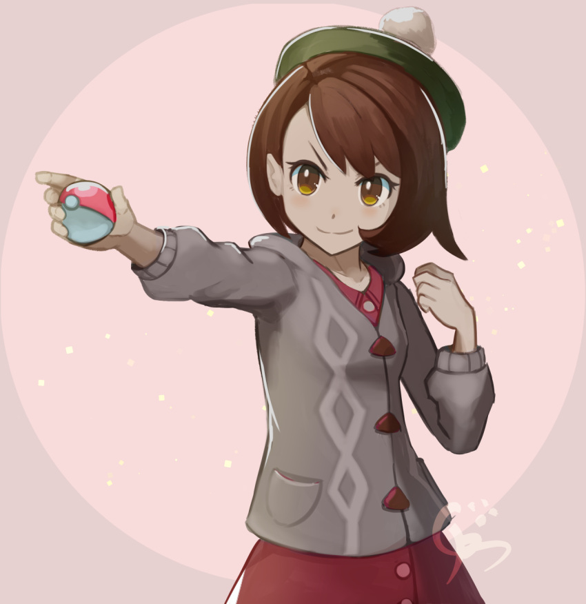 1girl, ball, breasts, brown_eyes, brown_hair, cowboy_shot, creatures_(company), female_protagonist_(pokemon_swsh)