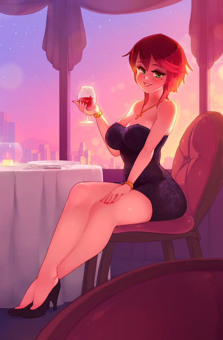1girl, absurdres, alcohol, backlighting, bare_shoulders, black_dress, black_footwear, bracelet