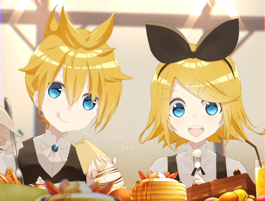 1boy, 2girls, bangs, black_bow, blonde_hair, blue_eyes, bow, cake