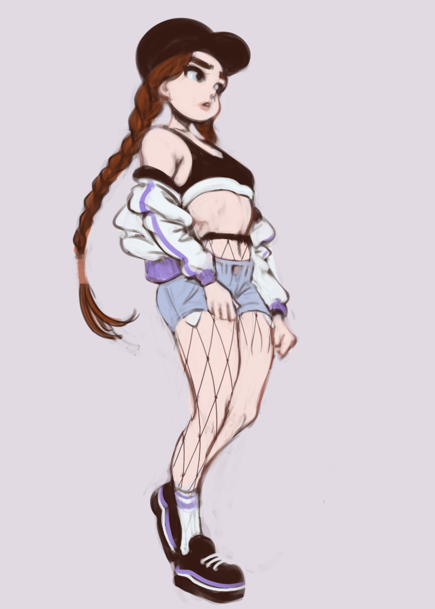 1girl, baseball_cap, blackingurwaifu, blue_eyes, braid, breasts, brown_hair, cutoffs, fishnet_legwear, fishnet_pantyhose, fishnets, full_body, grey_background, hat, highres, jacket, lips, long_braid, midriff, navel, off_shoulder, open_clothes, open_jacket, original, pantyhose, shoes, shorts, small_breasts, sneakers, socks, solo, sports_bra, thick_eyebrows, track_jacket, twin_braids