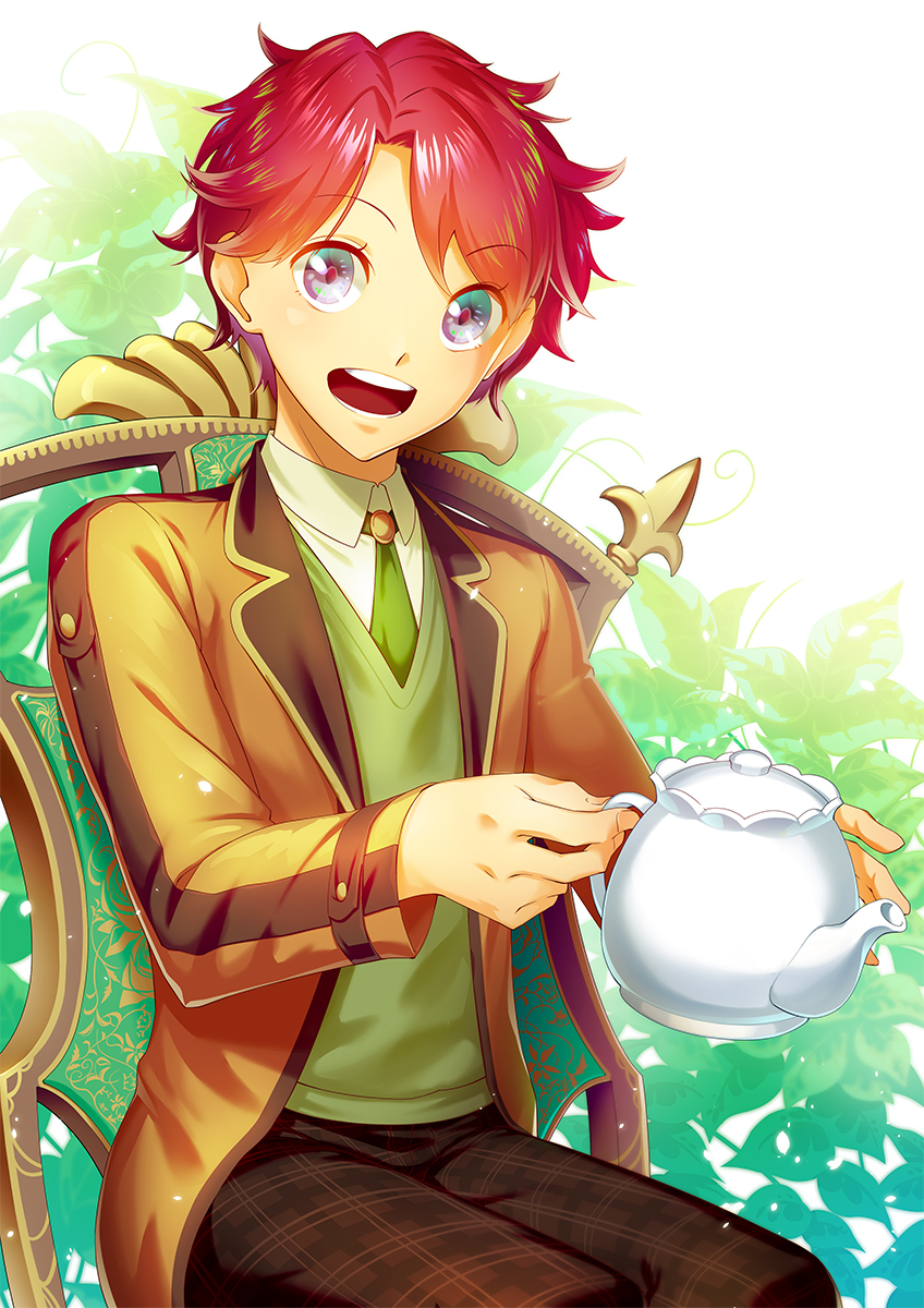 1boy, blue_eyes, dog_man_cat, green_neckwear, green_vest, highres, leaf, long_sleeves