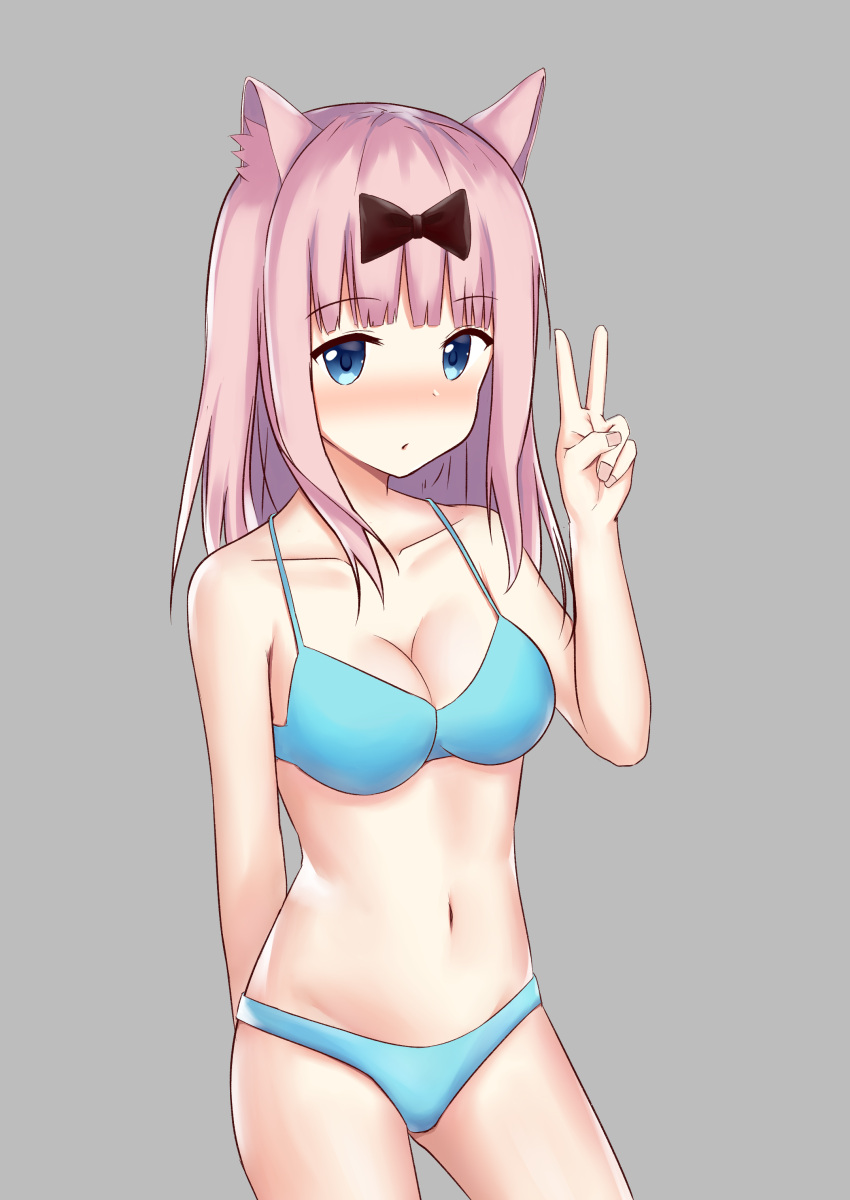 1girl, absurdres, animal_ears, arm_behind_back, bangs, bikini, blue_bikini, blue_eyes, blunt_bangs, blush, breasts, cat_ears, cleavage, collarbone, eyebrows_visible_through_hair, fingernails, fujiwara_chika, grey_background, groin, hair_ribbon, highres, kaguya-sama_wa_kokurasetai_~tensai-tachi_no_renai_zunousen~, looking_at_viewer, medium_breasts, medium_hair, nail_polish, navel, nose_blush, parted_lips, pink_hair, pink_nails, ribbon, school_uniform, swimsuit, tshen1998, v