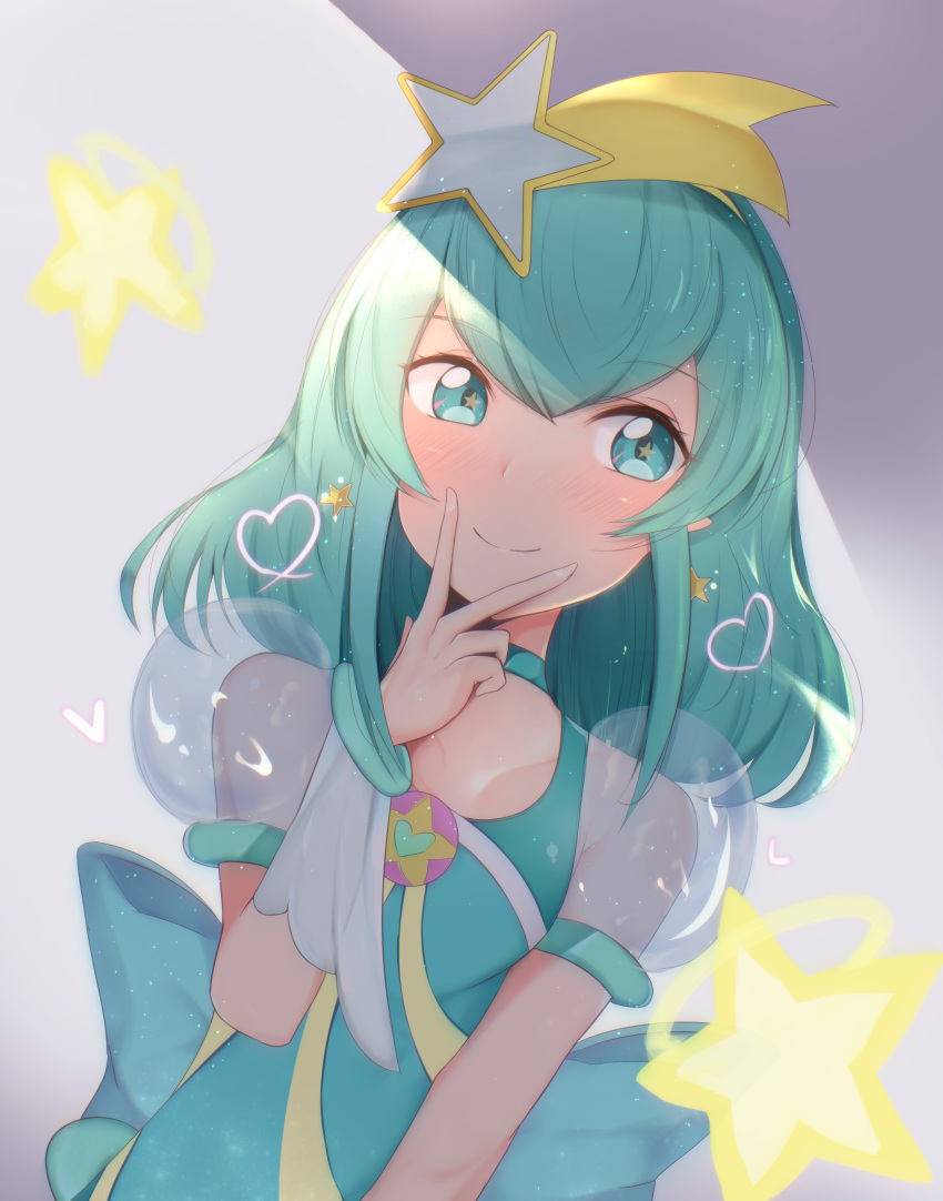 1girl, absurdres, bangs, blush, choker, closed_mouth, collarbone, commentary_request, cure_milky, dress, dutch_angle, earrings, eyebrows_visible_through_hair, finger_to_face, green_choker, green_dress, green_eyes, green_hair, grey_background, hagoromo_lala, hair_between_eyes, hair_ornament, heart, highres, jewelry, looking_at_viewer, magical_girl, medium_hair, mitsuba_(watergarden), precure, see-through, shade, sidelocks, smile, solo, star, star-shaped_pupils, star_earrings, star_hair_ornament, star_twinkle_precure, sunlight, symbol-shaped_pupils, upper_body, wrist_cuffs