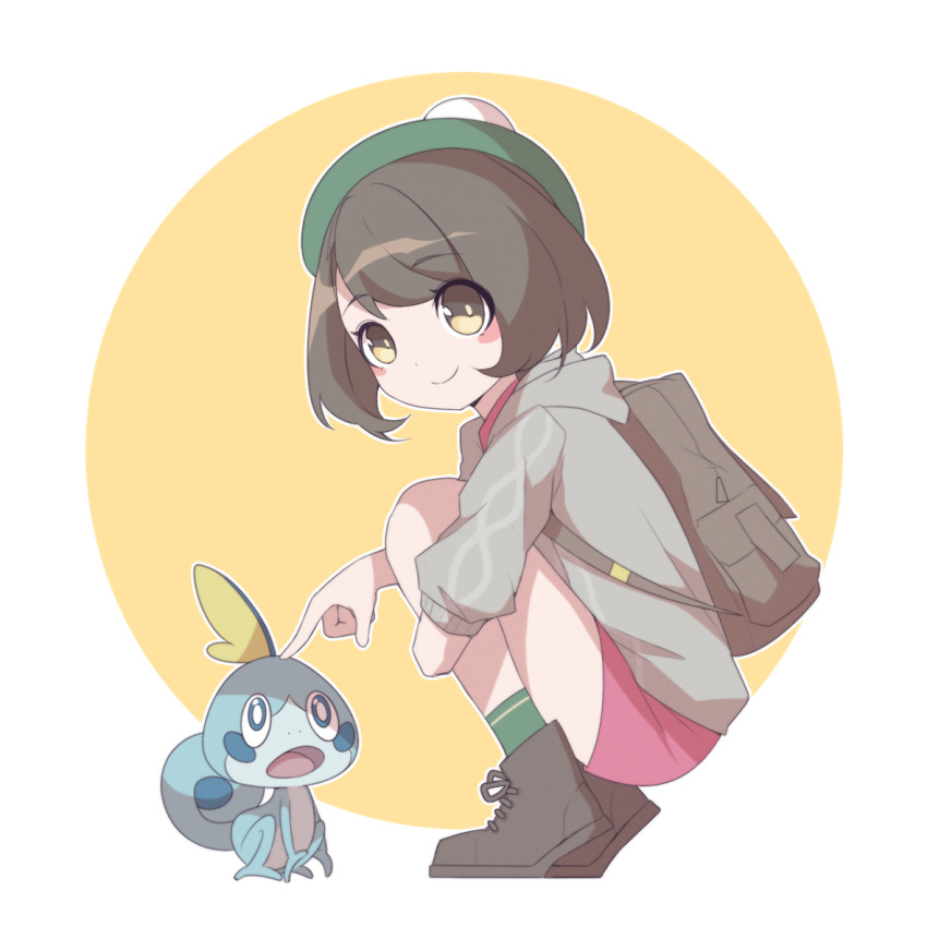 1girl, anchorage_akiko, backpack, bag, bangs, beret, blue_eyes, blush_stickers