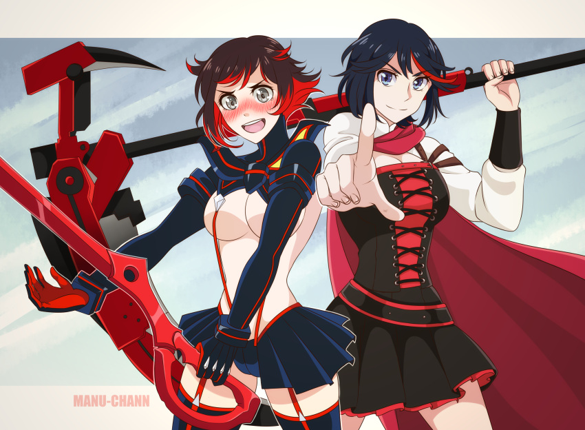 2girls, awkward, black_dress, black_gloves, black_hair, blade, blush, boots