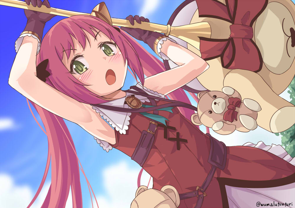 1girl, armpits, arms_up, belt, blush, clouds, dutch_angle, gloves
