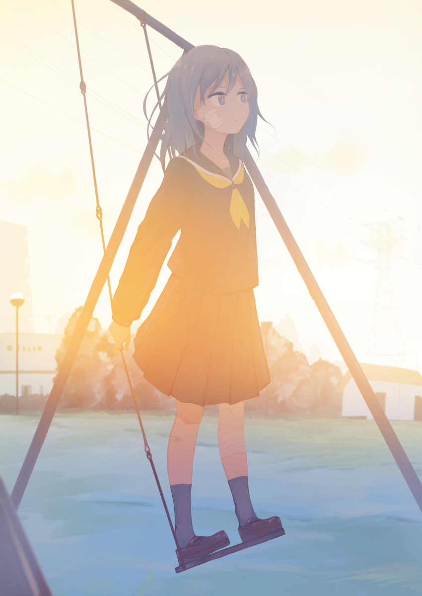 1girl, bandage_on_face, black_serafuku, black_skirt, blue_footwear, blue_legwear, bright_pupils, building