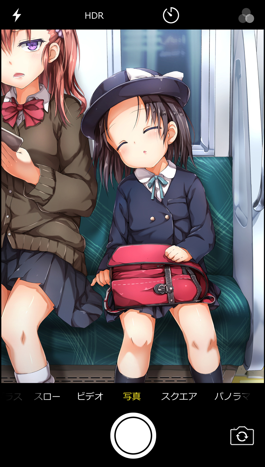 2girls, :o, backpack, bag, bangs, black_legwear, blue_jacket, blue_ribbon