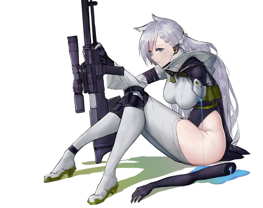 1girl, animal_ears, anti-materiel_rifle, blue_eyes, braid, breasts, disembodied_limb, earpiece