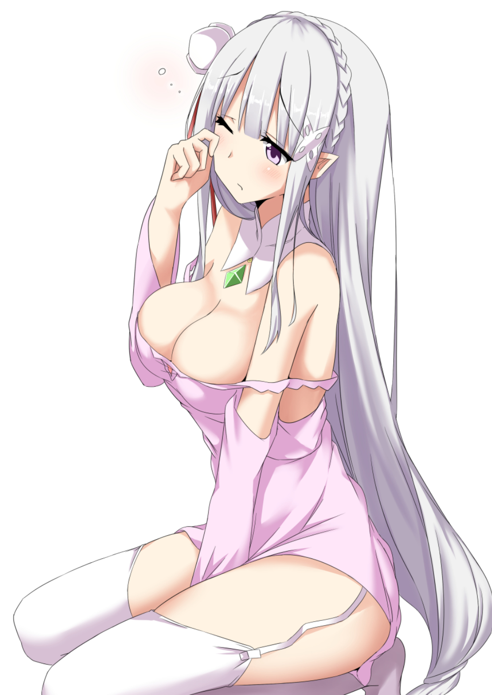 bare_shoulders, between_legs, braid, breasts, cleavage, collar, commentary_request, crown_braid