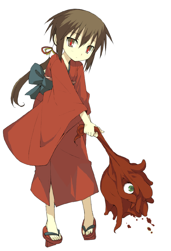brown_eyes, brown_hair, eyeball, geta, guro_cure, ikura_hato, japanese_clothes, kimono