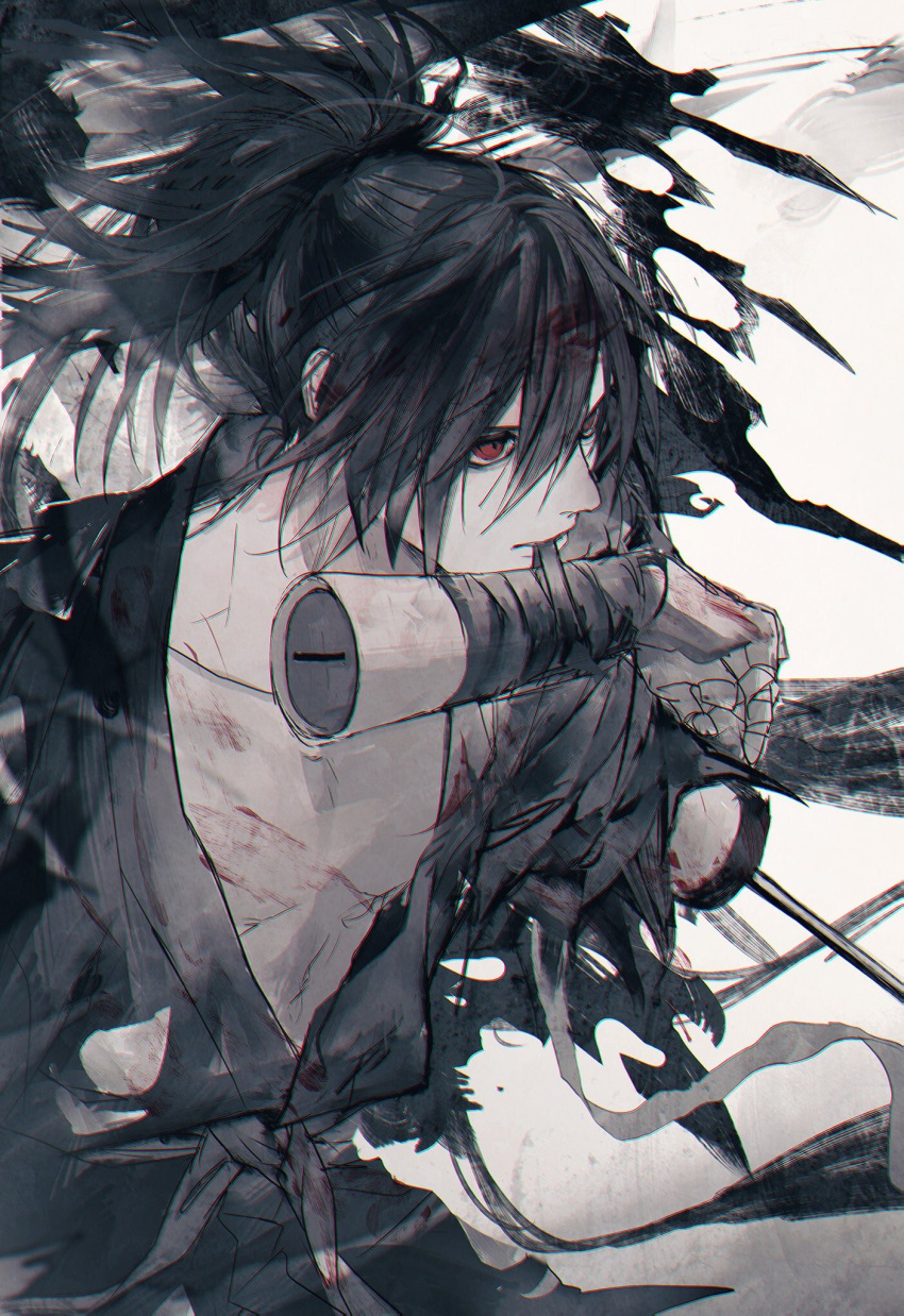 1boy, black_hair, dororo_(tezuka), hair_over_one_eye, highres, hyakkimaru_(dororo), japanese_clothes, katana