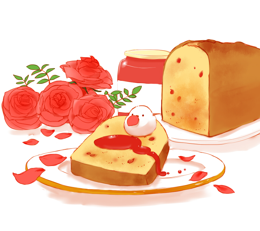 1other, bird, branch, chai, commentary_request, food, jam, jar, original, petals, plate, pound_cake, rose_petals, sitting_on_food, white_background
