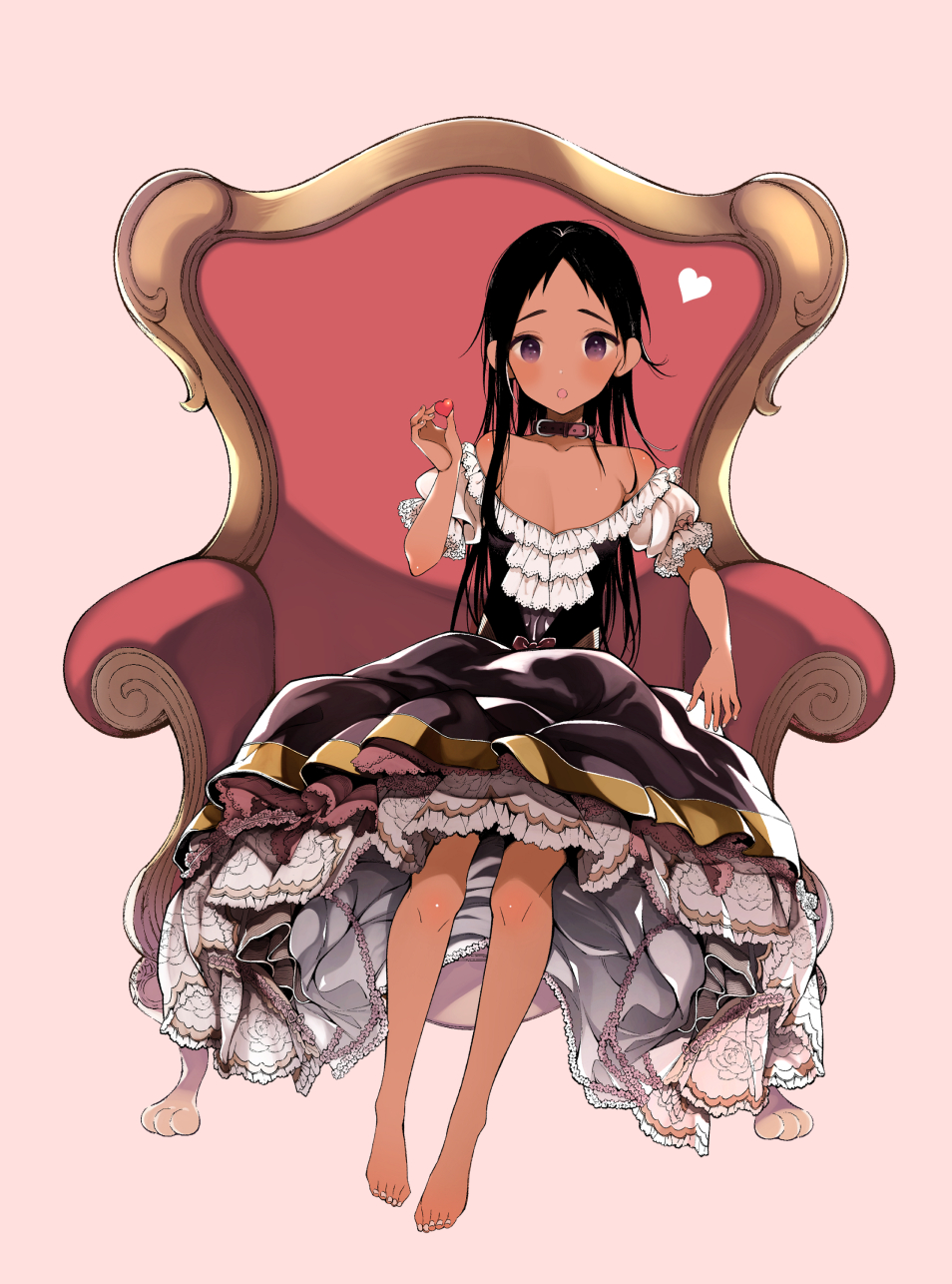 1boy, bangs, bare_legs, bare_shoulders, belt_collar, black_hair, black_skirt, chair
