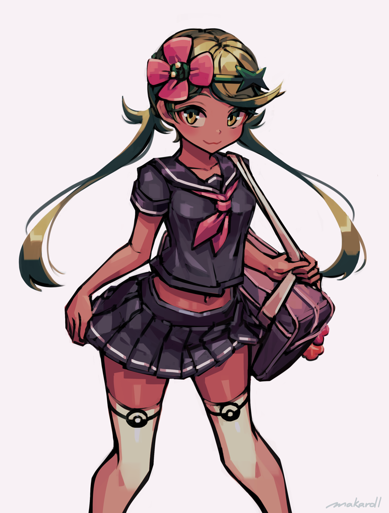 1girl, allen_(makaroll), artist_name, bag, black_sailor_collar, black_serafuku, black_shirt, black_skirt, creatures_(company), dark_skin, floating_hair, flower, game_freak, green_eyes, green_hair, grey_background, grey_legwear, hair_flower, hair_ornament, holding, holding_bag, long_hair, looking_at_viewer, mallow_(pokemon), midriff, miniskirt, navel, neckerchief, nintendo, pink_flower, pleated_skirt, poke_ball_print, pokemon, pokemon_(game), pokemon_sm, red_neckwear, sailor_collar, school_bag, school_uniform, serafuku, shirt, short_sleeves, simple_background, skirt, smile, solo, standing, stomach, thigh-highs, twintails, very_long_hair