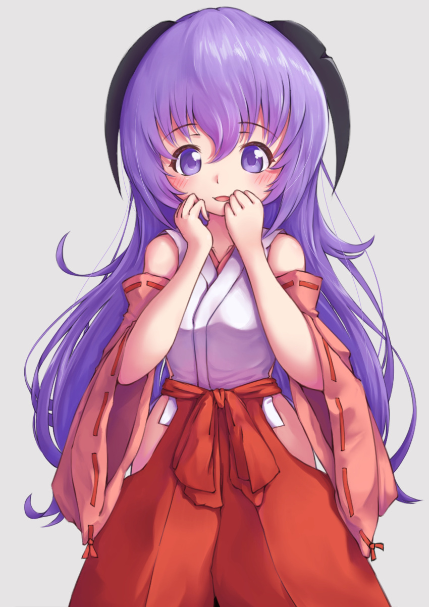 1girl, absurdres, arms_up, b7669726, detached_sleeves, hakama, hakama_pants, hand_to_own_mouth