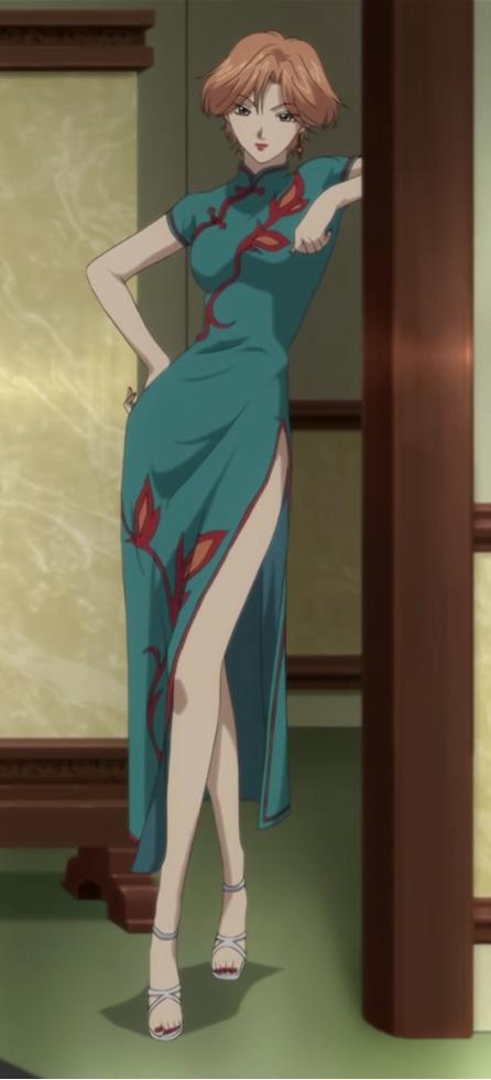 breasts, cap, china_dress, chinese_clothes, earrings, high_heels, legs_crossed, lipstick, screencap, short_hair, stitched, yakushiji_ryoko, yakushiji_ryoko_no_kaiki_jikenbo, yakushiji_ryouko, yakushiji_ryouko_no_kaiki_jikenbo