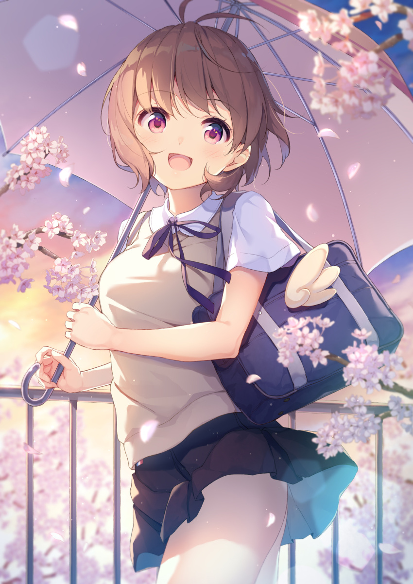 1girl, :d, antenna_hair, black_skirt, blue_sky, blurry, blurry_foreground, blush