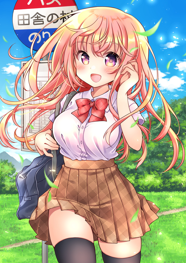 1girl, :d, argyle, bag, black_legwear, blonde_hair, blue_sky, blush