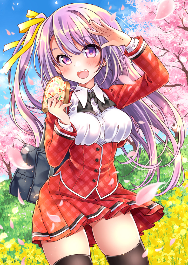 1girl, :d, bag, black_legwear, black_neckwear, blue_sky, blush, breasts