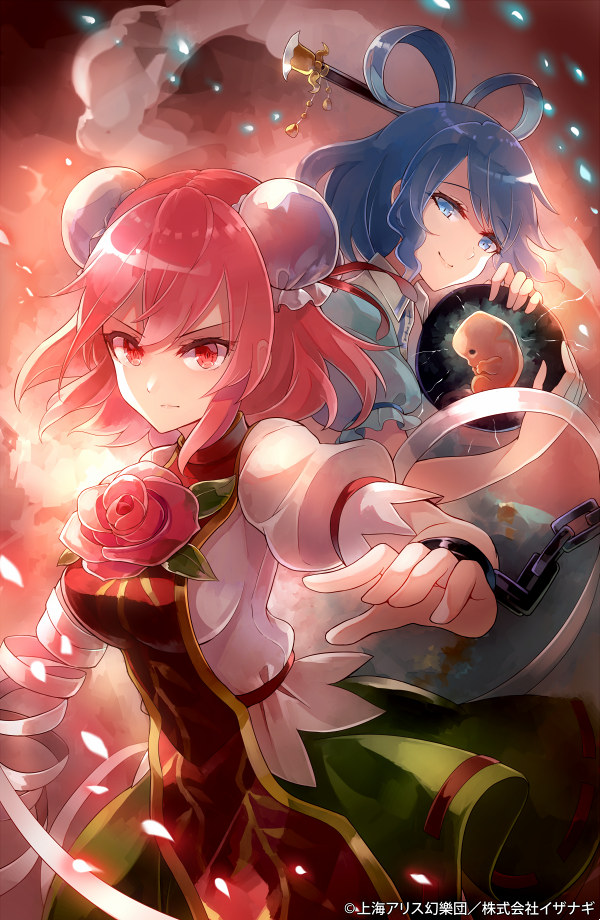 2girls, 60mai, bandage, bangs, blouse, blue_dress, blue_eyes, blue_hair