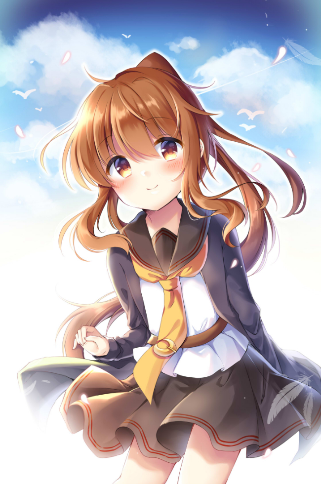 1girl, belt, bird, black_sailor_collar, black_serafuku, black_skirt, blue_jacket, blue_sky