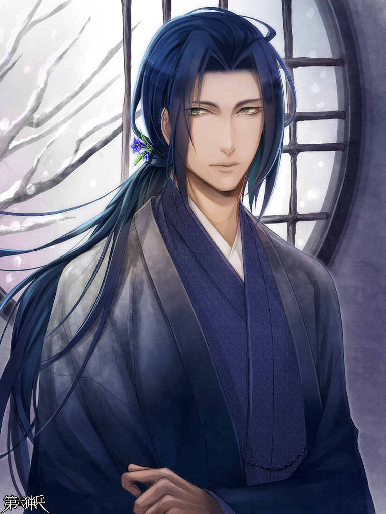 1boy, bare_tree, black_hair, dairoku_youhei, grey_sky, hair_intakes, indoors, japanese_clothes
