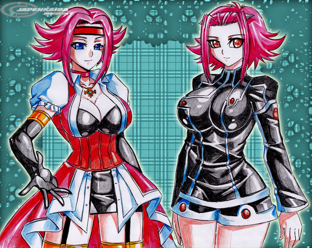 2girls, blue_eyes, breasts, brown_eyes, choker, cleavage, code_geass, cosplay, costume, costume_switch, dress, elbow_gloves, fingerless_gloves, flipped_hair, gloves, headband, izayoi_aki, izayoi_aki_(cosplay), jadenkaiba, jewelry, kallen_stadtfeld, kallen_stadtfeld_(cosplay), large_breasts, looking_at_viewer, multicolored_hair, multiple_girls, necklace, order_of_the_black_knights_uniform, redhead, short_hair, short_hair_with_long_locks, smile, streaked_hair, thigh-highs, yuu-gi-ou, yuu-gi-ou_5d's