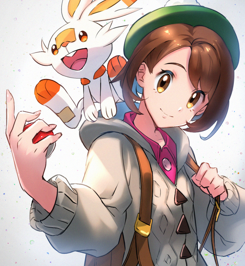 1girl, backpack, bag, bangs, brown_eyes, brown_hair, creatures_(company), female_protagonist_(pokemon_swsh)