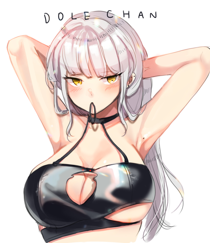 1girl, absurdres, armpits, arms_behind_head, arms_up, artist_name, bangs, black_choker, blunt_bangs, blush, breasts, choker, cleavage, closed_mouth, collarbone, dole_(lo628), dungeon_and_fighter, eyebrows_visible_through_hair, hair_tie, halter_top, halterneck, highres, large_breasts, long_hair, looking_at_viewer, mole, mole_on_armpits, mouth_hold, original, shiny, shiny_hair, sidelocks, silver_hair, simple_background, solo, standing, under_boob, upper_body, white_background, yellow_eyes