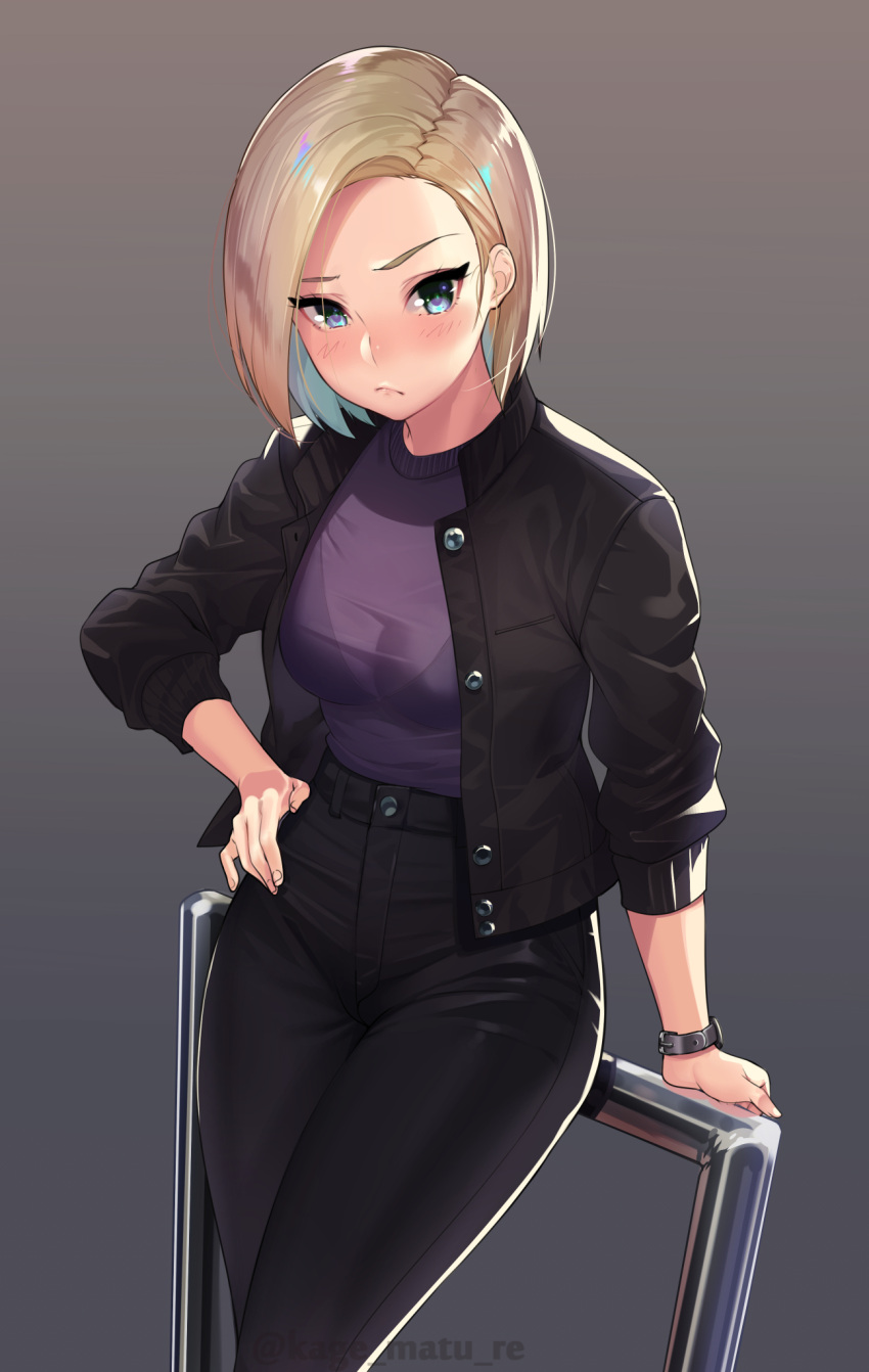 1girl, against_railing, android_18, black_jacket, black_pants, blonde_hair, blue_eyes, blush