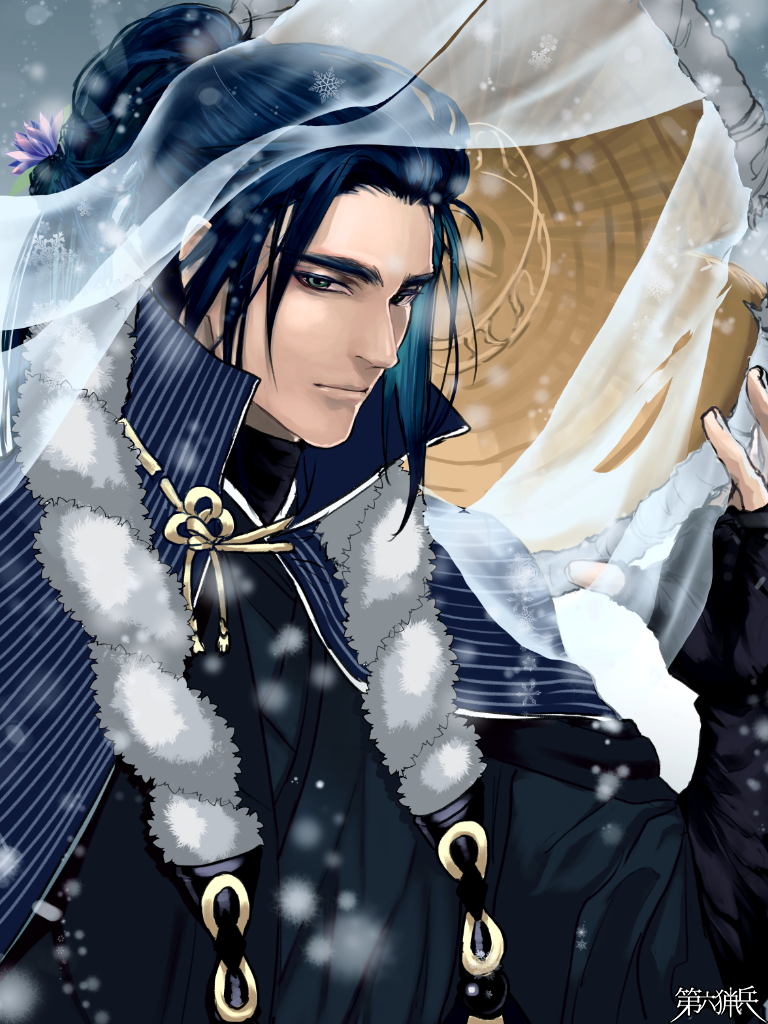 1boy, black_eyes, black_gloves, black_hair, black_kimono, dairoku_youhei, fingerless_gloves, flower