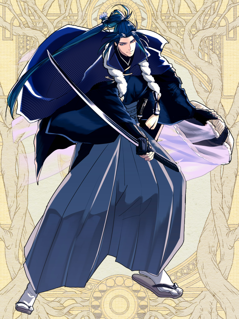 1boy, blue_cape, blue_hair, bracer, cape, dairoku_youhei, fighting_stance, flower