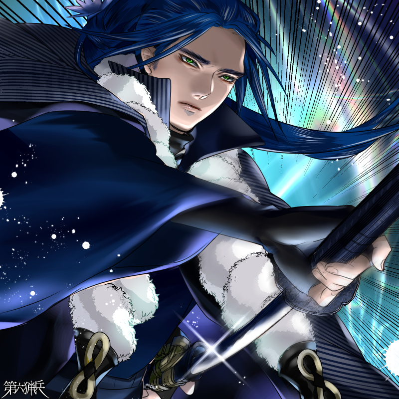 1boy, black_gloves, blue_hair, dairoku_youhei, fighting_stance, fingerless_gloves, flower, fur_scarf