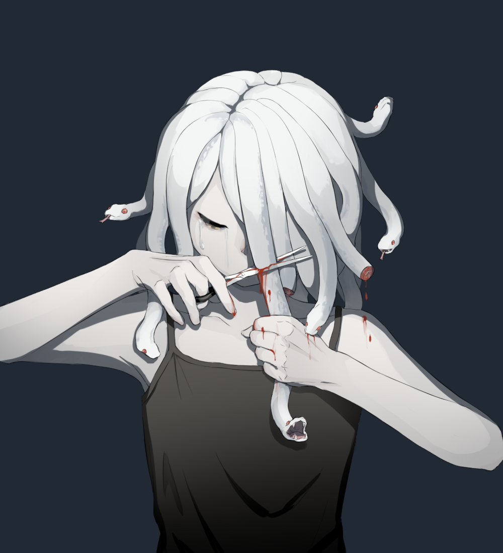 1girl, animal, avogado6, biting, biting_hand, black_background, bleeding, blood
