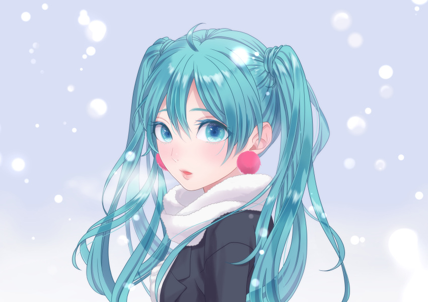 1girl, absurdres, alternate_costume, blue_eyes, blue_hair, border, earrings, expressionless, eyelashes, eyes_visible_through_hair, hair_between_eyes, hatsune_miku, highres, jewelry, long_hair, looking_at_viewer, looking_back, parted_lips, pink_earrings, san'nomiya, scarf, snow, snowing, solo, twintails, upper_body, very_long_hair, vocaloid, white_scarf