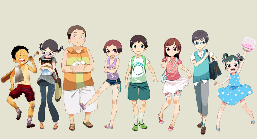 bah, baseball_bat, blush, book, braid, casual, child, dress, glasses, highres, male, original, rakuraku, short_hair, shorts, twin_braids, wave, waving