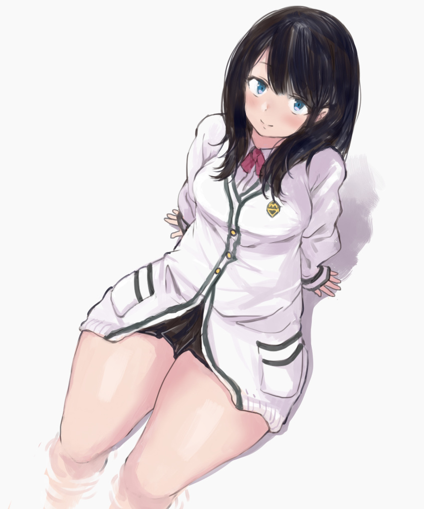 1girl, arm_support, bangs, black_hair, black_skirt, blue_eyes, bow, bowtie