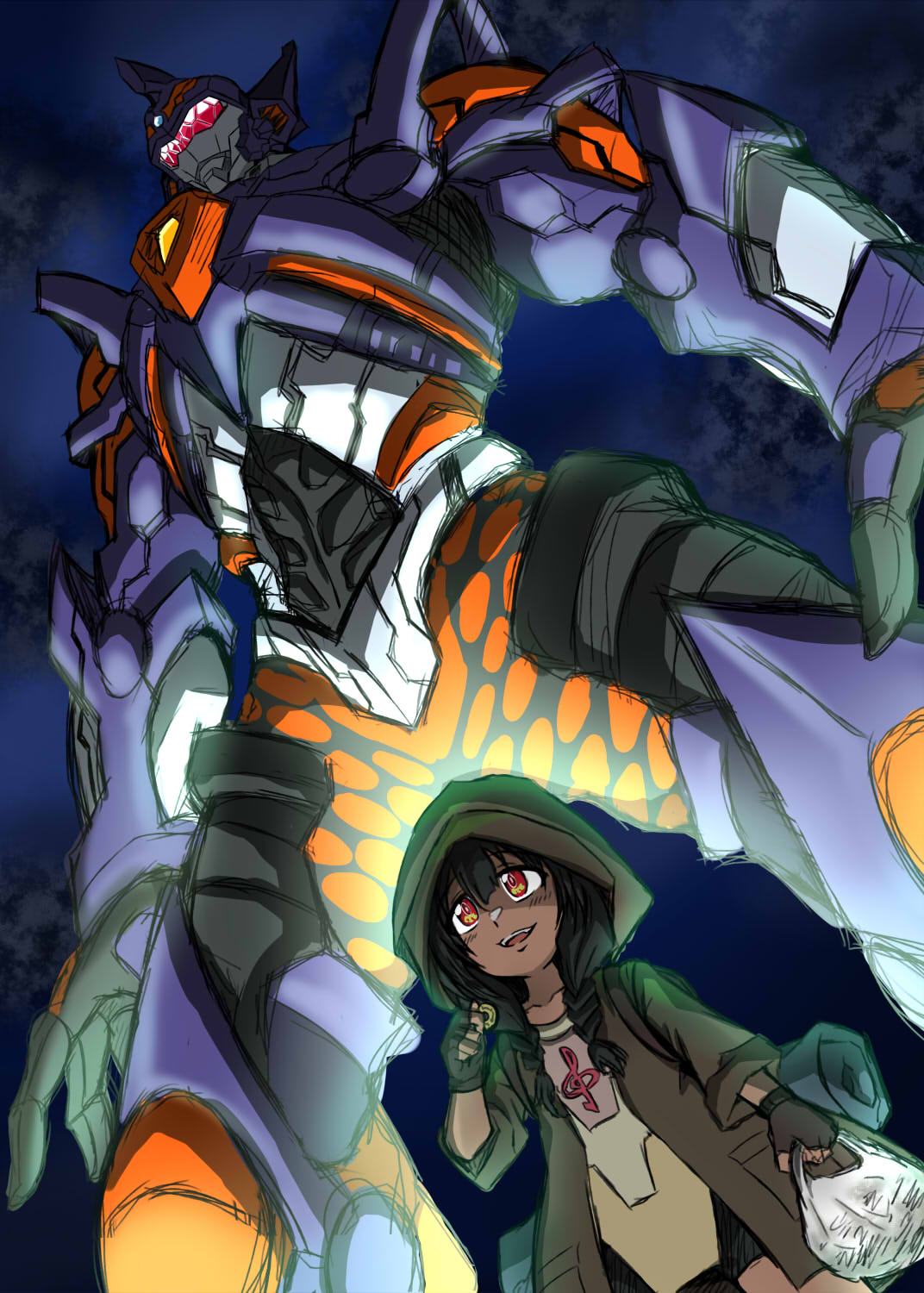 1girl, anosillus_ii, armor, bag, bangs, black_hair, braid, commentary, dark_skin, fingerless_gloves, gloves, glowing, glowing_eyes, gridknight_(ssss.gridman), headphones, highres, hood, hood_up, hooded_jacket, jacket, long_hair, mafuyu_tora, night, red_eyes, smile, ssss.gridman, twin_braids