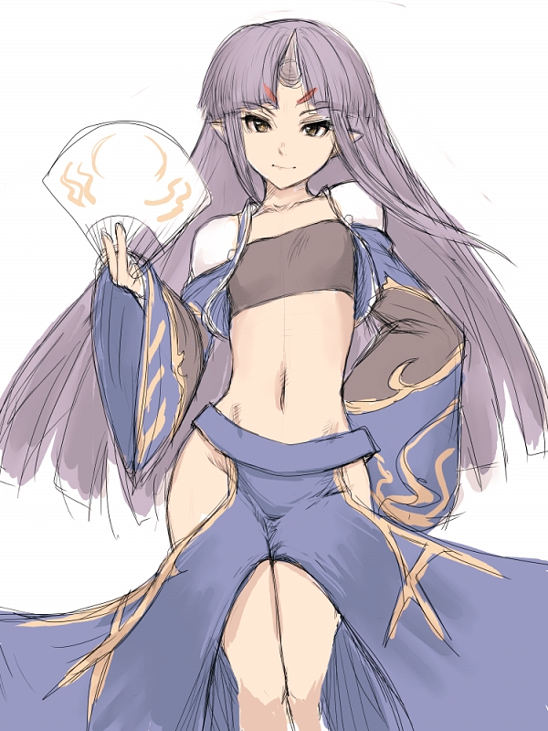 bangs, blunt_bangs, brown_eyes, endless_frontier, facial_mark, fan, flat_chest, forehead_mark, hand_on_hip, hips, horn, horns, humio, long_hair, long_skirt, midriff, navel, oni, paper_fan, payot, pointy_ears, purple_hair, simple_background, sketch, skirt, smile, solo, super_robot_wars, super_robot_wars_og_saga_mugen_no_frontier, suzuka_hime, tubetop, yellow_eyes