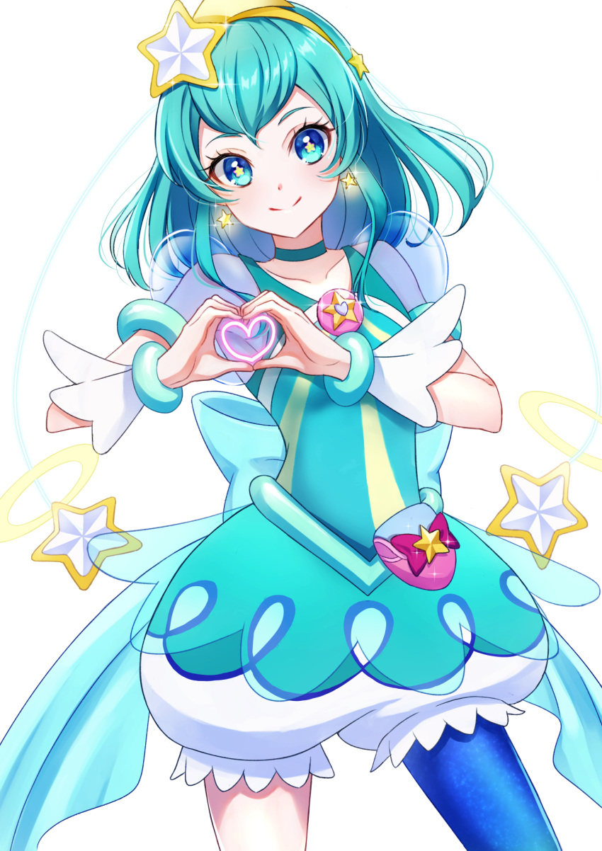 1girl, aqua_hair, aqua_skirt, blue_choker, blue_eyes, blue_legwear, bubble_skirt, choker