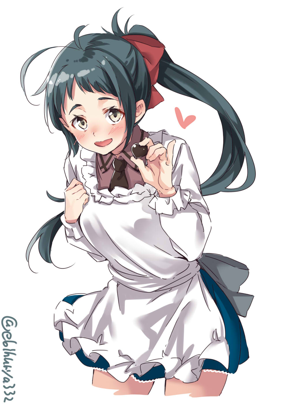 1girl, ahoge, blouse, blue_skirt, brown_neckwear, chocolate, chocolate_heart, cowboy_shot