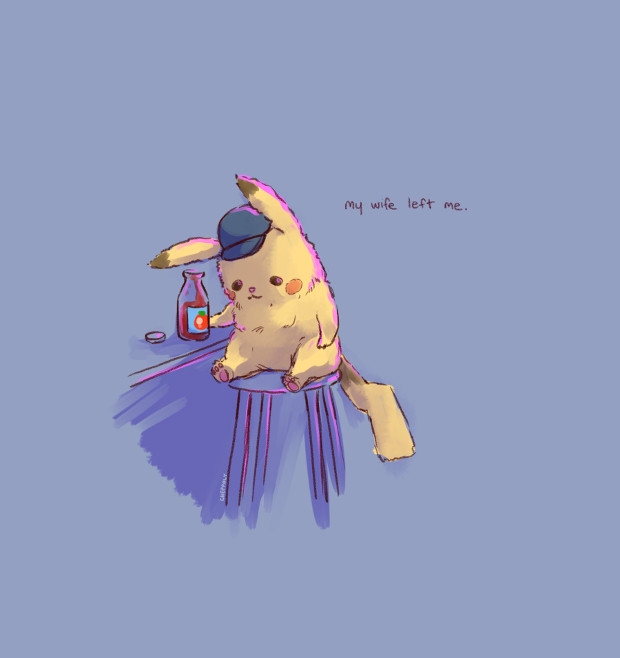 baseball_cap, blue_hat, blush_stickers, cheppo, coin, commentary_request, creatures_(company), detective_pikachu