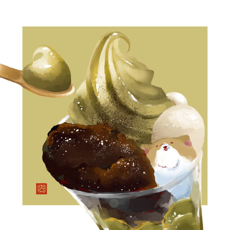 dessert, food, ice_cream, matcha_green_tea_ice_cream, no_humans, original, red_bean_ice_cream, simple_background