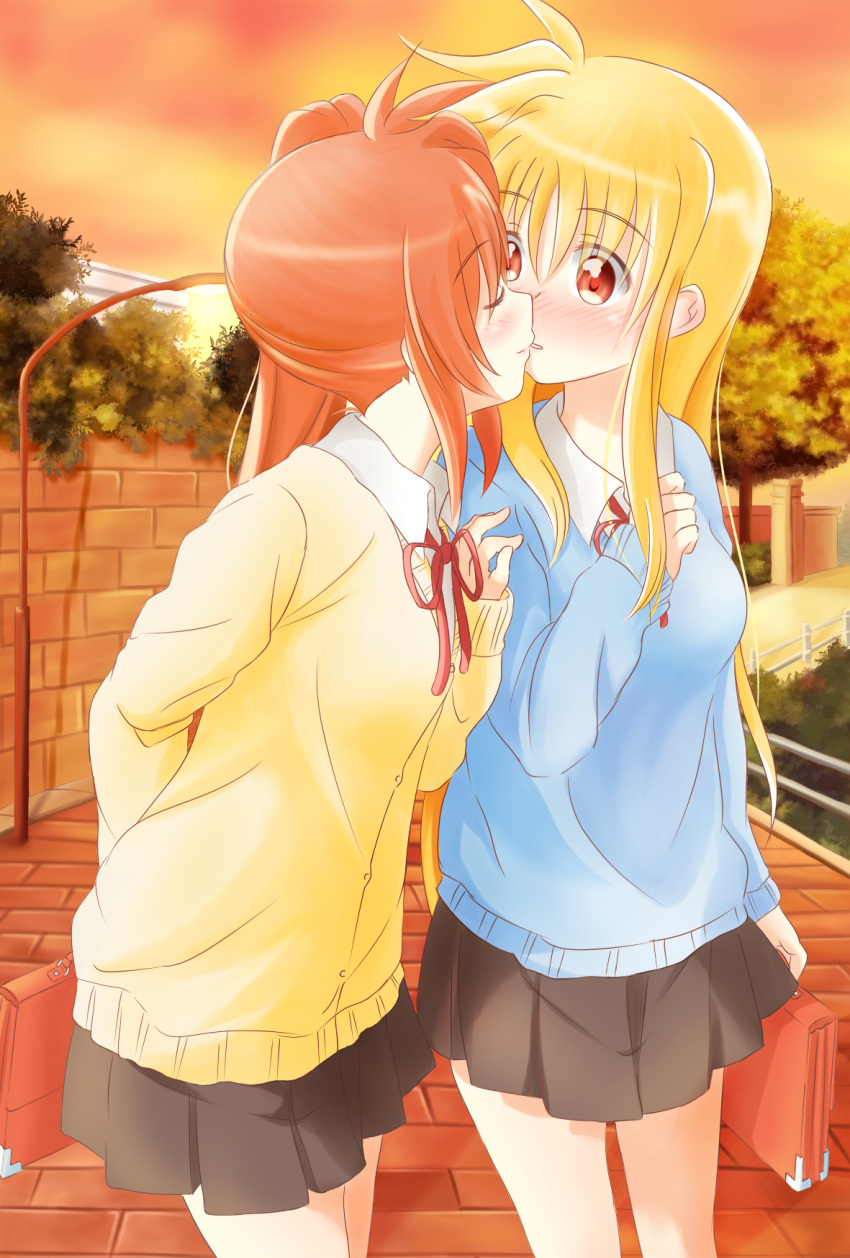 2girls, bag, blonde_hair, blush, brown_hair, clouds, couple, fate_testarossa