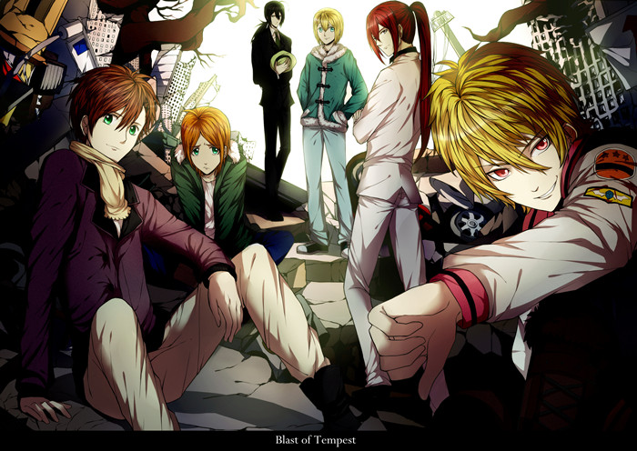 6+boys, arm_support, black_hair, black_jacket, black_neckwear, black_pants, blonde_hair, blue_pants