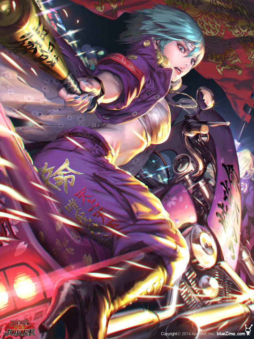 1girl, aqua_hair, armband, baseball_bat, belt, black_footwear, black_gloves, blonde_hair