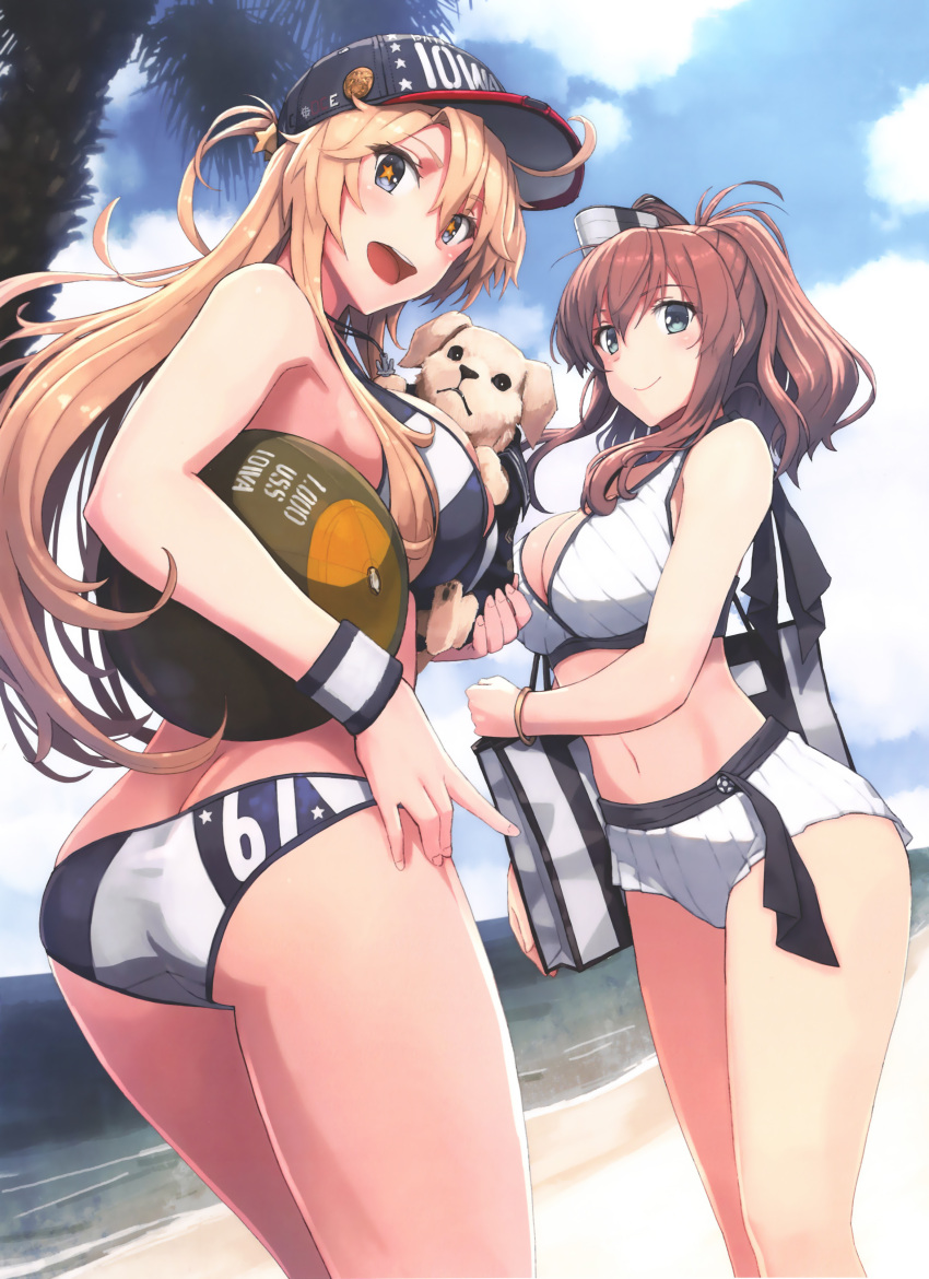 2girls, :d, absurdres, ass, bag, baseball_cap, beach, bikini, blonde_hair, blue_eyes, bracelet, breasts, brown_hair, cleavage, clouds, cloudy_sky, day, dog, dutch_angle, eyebrows_visible_through_hair, hair_between_eyes, hat, highres, iowa_(kantai_collection), jewelry, kantai_collection, large_breasts, long_hair, multiple_girls, navel, open_mouth, outdoors, ponytail, saratoga_(kantai_collection), scan, shizuma_yoshinori, shoulder_bag, sidelocks, sky, smile, star, star-shaped_pupils, swimsuit, symbol-shaped_pupils, white_bikini, wristband